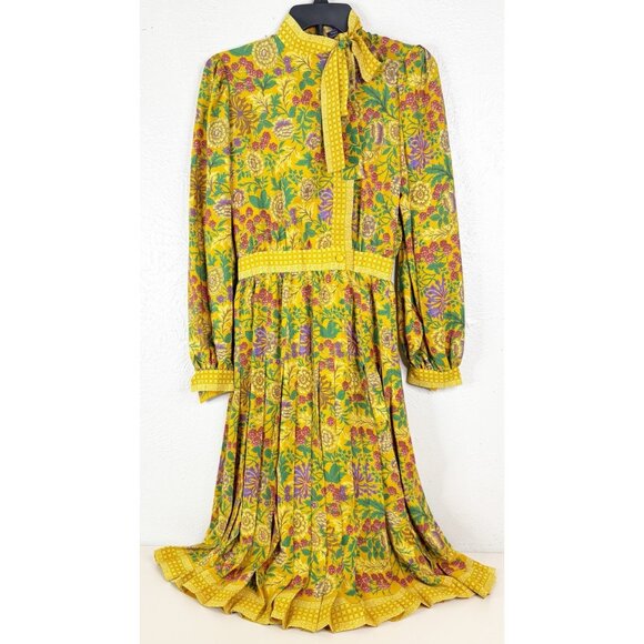 VTG Emanuel Ungaro 6 Yellow Floral Silk Italy Tie Neck Pleated Dress 43.5